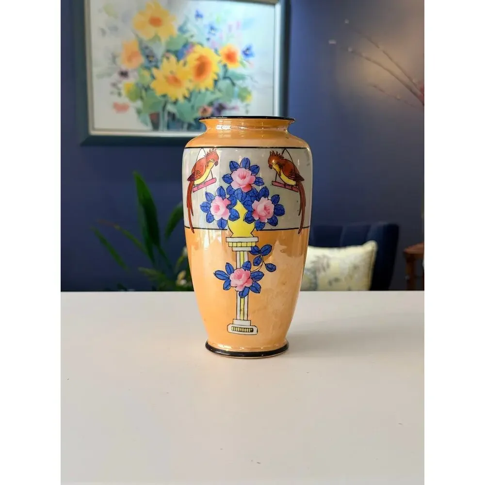 Vintage Hand Painted Japanese Lusterware Vase Parrots & Pink Roses 7.5